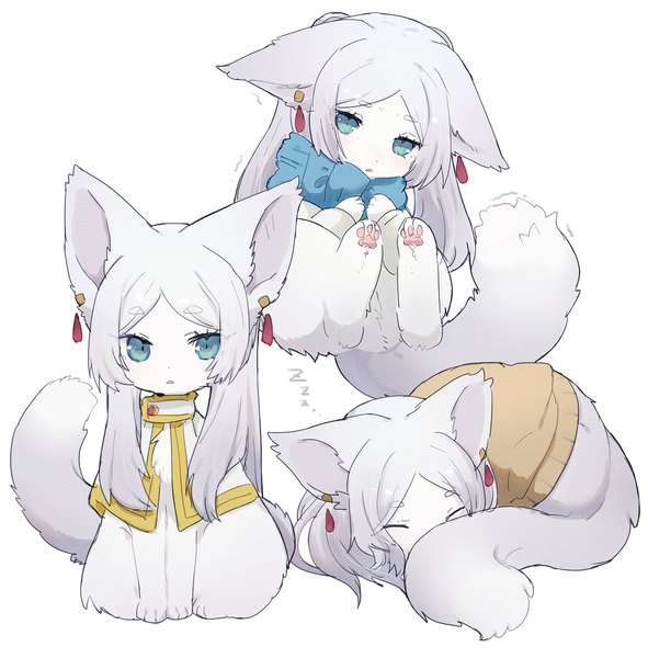 Anime picture 1274x1294 with sousou no frieren frieren spommmm long hair tall image simple background white background silver hair eyes closed aqua eyes multiview sleeping animalization girl earrings animal cat