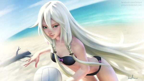 Anime picture 1920x1080 with vocaloid ia (vocaloid) gohpot single fringe highres light erotic hair between eyes wide image green eyes signed white hair braid (braids) very long hair from above realistic beach twin braids beach volleyball girl