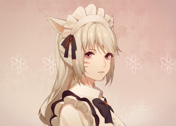 Anime picture 3572x2557 with final fantasy final fantasy xiv square enix miqo'te limao jun single long hair looking at viewer blush fringe highres simple background hair between eyes red eyes animal ears payot absurdres upper body ponytail grey hair