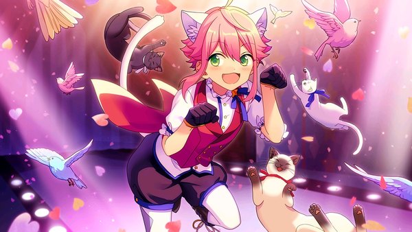 Anime picture 1136x640 with ensemble stars! himemiya touri single blush fringe short hair open mouth hair between eyes wide image standing green eyes animal ears looking away pink hair ahoge bent knee (knees) tail animal tail cat ears official art