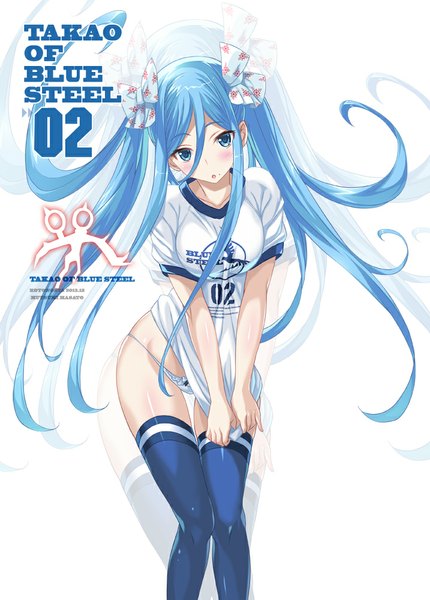 Anime picture 717x1000 with aoki hagane no arpeggio takao (aoki hagane no arpeggio) mutsumi masato single long hair tall image looking at viewer blush blue eyes light erotic simple background hair between eyes white background twintails blue hair zoom layer clothes writing girl thighhighs underwear
