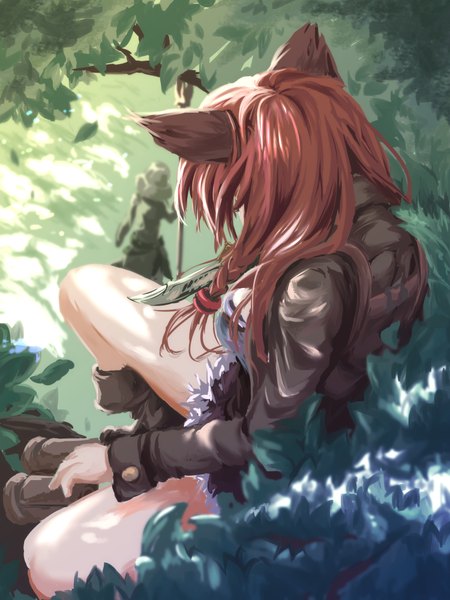 Anime picture 1500x2000 with original hellnyaa long hair tall image brown hair sitting holding animal ears looking away bent knee (knees) from above from behind sunlight fox ears fox girl girl weapon plant (plants) tree (trees) branch