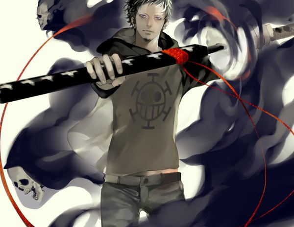 Anime picture 1000x774 with one piece toei animation trafalgar law roco64 single looking at viewer short hair black hair purple eyes holding weightlessness no hat hollow boy hood pants skull beard thread red thread