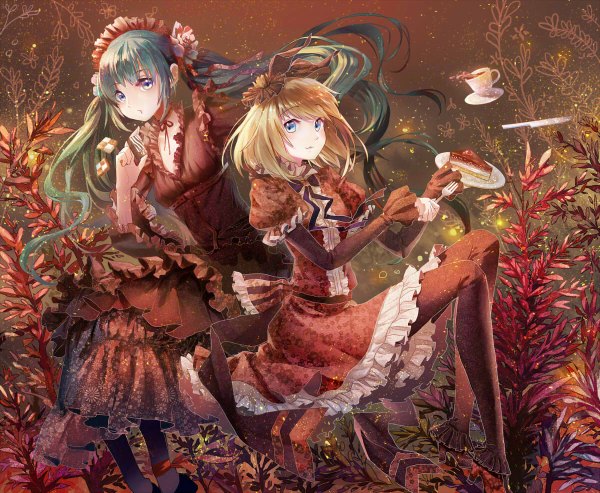 Anime picture 1200x986 with vocaloid hatsune miku kagamine rin yandywu long hair looking at viewer short hair blue eyes blonde hair sitting twintails multiple girls green hair light smile lolita fashion girl dress hair ornament ribbon (ribbons) 2 girls
