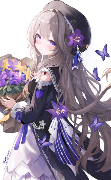 Anime picture 2523x4093 with honkai: star rail honkai (series) herta (honkai: star rail) zcx single long hair tall image blush highres simple background white background purple eyes hair flower grey hair sparkle doll joints girl flower (flowers) insect butterfly