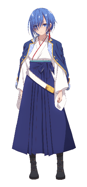 Anime picture 832x1780 with seiken gakuin no maken tsukai sakuya sieglinde single tall image looking at viewer fringe short hair blue eyes standing blue hair full body traditional clothes japanese clothes hair over one eye official art transparent background clothes on shoulders girl single earring hakama