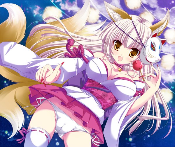 Anime picture 1280x1081 with hinata momo light erotic blonde hair animal ears yellow eyes nail polish fingernails pantyshot fox girl long fingernails mask on head fox shadow puppet girl thighhighs underwear panties detached sleeves mask