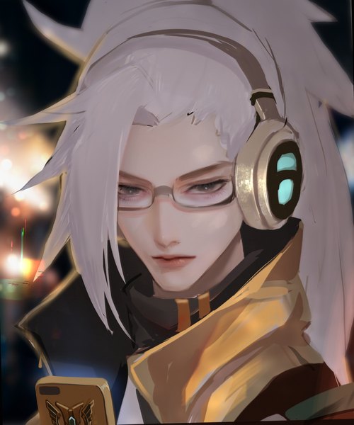 Anime picture 2500x3000 with league of legends yasuo (league of legends) mofa shaonu quan single long hair tall image highres silver hair ponytail black eyes realistic portrait boy glasses headphones mobile phone smartphone