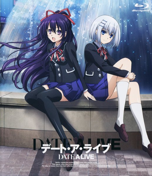 Anime picture 3012x3486 with date a live yatogami tooka tobiichi origami tall image looking at viewer highres short hair open mouth blue eyes smile purple eyes multiple girls absurdres purple hair white hair scan inscription half updo girl uniform