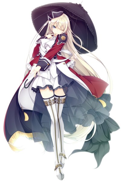 Anime picture 800x1187 with original luna lia single long hair tall image blue eyes simple background white background white hair one eye closed wink finger to mouth girl dress hat thigh boots umbrella