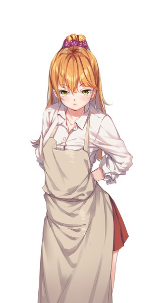 Anime-Bild 600x1091 mit original fangxiang cuoluan single long hair tall image looking at viewer blush simple background white background green eyes ponytail from above orange hair open collar girl shirt white shirt apron scrunchie