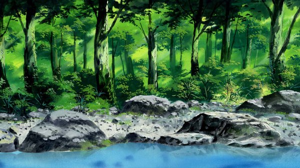 Anime picture 1280x720 with monster hazard wide image game cg river nature plant (plants) tree (trees) water forest