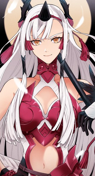 Anime picture 1050x1939 with fate (series) fate/grand order kiichi hougen (fate) nazutaro single long hair tall image looking at viewer smile upper body white hair horn (horns) bare belly orange eyes hand on hip girl feather (feathers)