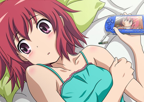 Anime picture 1100x780 with toradora j.c. staff kushieda minori wingheart single blush short hair bare shoulders looking away red hair lying pink eyes product placement girl bed psp