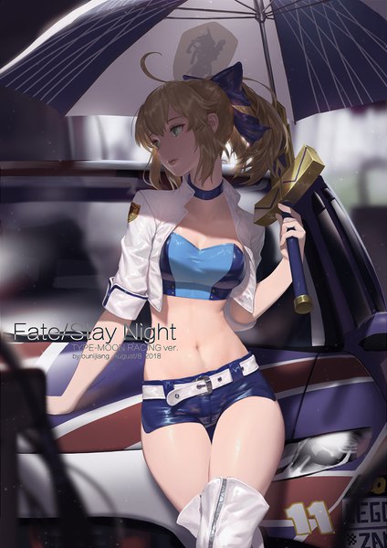 Anime picture 2480x3508 with fate (series) fate/stay night artoria pendragon (all) saber ounijang single tall image fringe highres short hair breasts light erotic blonde hair hair between eyes holding green eyes signed payot looking away cleavage