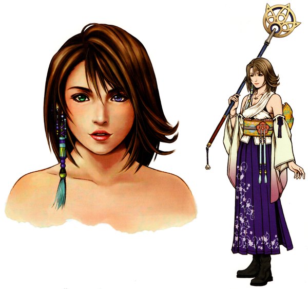 Anime picture 4324x4056 with final fantasy x yuna (ff10) long hair looking at viewer highres simple background brown hair standing white background bare shoulders absurdres scan lipstick heterochromia girl hair ornament flower (flowers) detached sleeves bracelet pendant