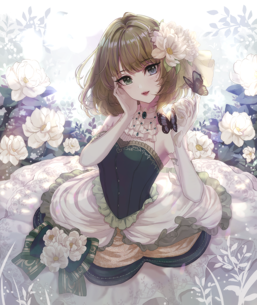 Anime picture 1720x2040 with idolmaster idolmaster cinderella girls takagaki kaede magako single tall image looking at viewer fringe highres short hair open mouth blue eyes brown hair bare shoulders holding green eyes head tilt :d hair flower mole