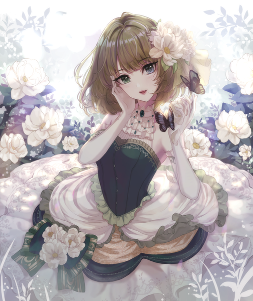 Anime-Bild 1720x2040 mit idolmaster idolmaster cinderella girls takagaki kaede magako single tall image looking at viewer fringe highres short hair open mouth blue eyes brown hair bare shoulders holding green eyes head tilt :d hair flower mole