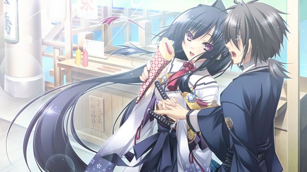 Anime picture 1280x720 with appare! tenka gomen katagiri hinata long hair open mouth black hair wide image purple eyes game cg traditional clothes couple girl boy food sweets crepe