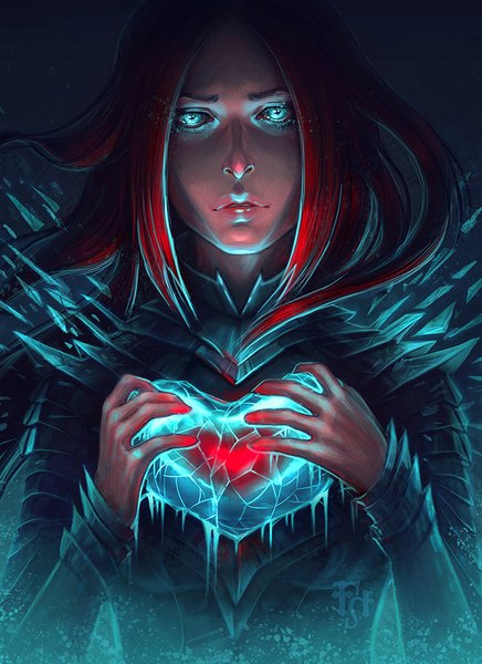 Anime picture 728x1000 with original elwy-airon (artist) long hair tall image holding red hair aqua eyes glowing dark background glowing eye (eyes) glow cold girl heart armor ice debris spikes