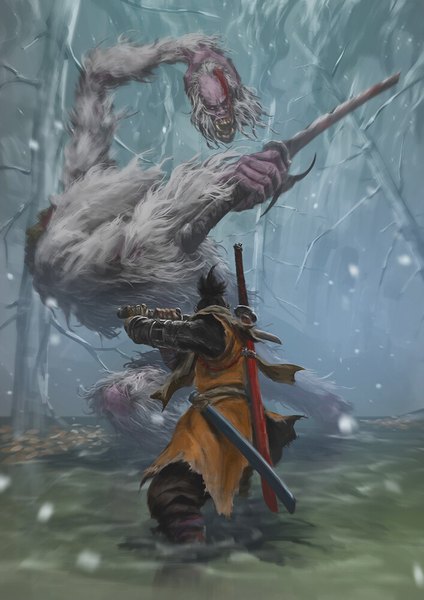 Anime-Bild 707x1000 mit sekiro: shadows die twice from software sekiro guardian ape draw souls single tall image short hair black hair standing holding outdoors partially submerged fighting stance bare tree battle boy weapon plant (plants) sword