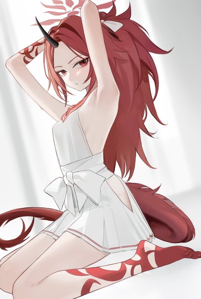 Anime picture 2360x3508 with blue archive renge (blue archive) nagata gata single long hair tall image looking at viewer highres breasts light erotic red eyes sitting ponytail red hair tail barefoot horn (horns) arms up bare legs tattoo