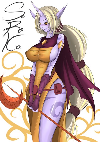 Anime picture 2893x4092 with league of legends soraka (league of legends) torahime (roland00) single tall image blush highres breasts light erotic blonde hair brown eyes very long hair horn (horns) light smile pointy ears tattoo huge breasts girl gloves staff