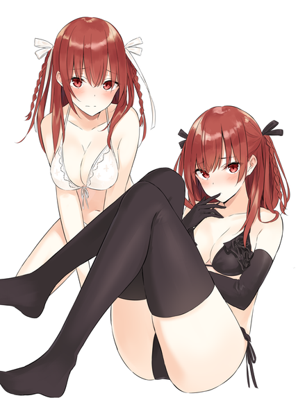 Anime picture 2591x3624 with original azuuru long hair tall image looking at viewer blush fringe highres breasts light erotic simple background hair between eyes red eyes large breasts white background sitting bent knee (knees) red hair braid (braids) head tilt