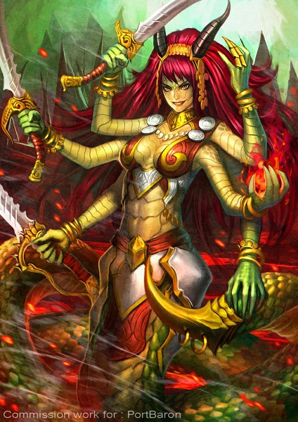 Anime picture 800x1132 with nudtawut thongmai single long hair tall image breasts smile yellow eyes red hair tail horn (horns) realistic monster girl snake tail lamia girl weapon sword bracelet