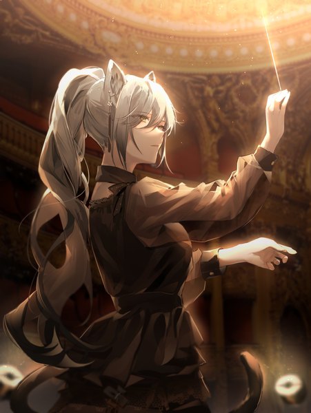 Anime picture 3078x4096 with arknights ambience synesthesia schwarz (arknights) lyas single long hair tall image fringe highres standing holding animal ears yellow eyes payot absurdres ponytail indoors tail long sleeves parted lips