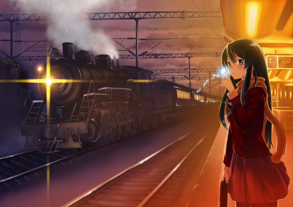 Anime picture 1200x848 with k-on! kyoto animation akiyama mio laida single long hair blue eyes black hair standing holding payot outdoors night night sky light smoke girl skirt scarf train