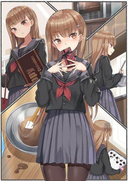 Anime picture 1116x1579 with original yu ni t long hair tall image blush brown hair brown eyes pleated skirt multiview covered mouth valentine cooking girl skirt uniform pantyhose serafuku food sweets black pantyhose