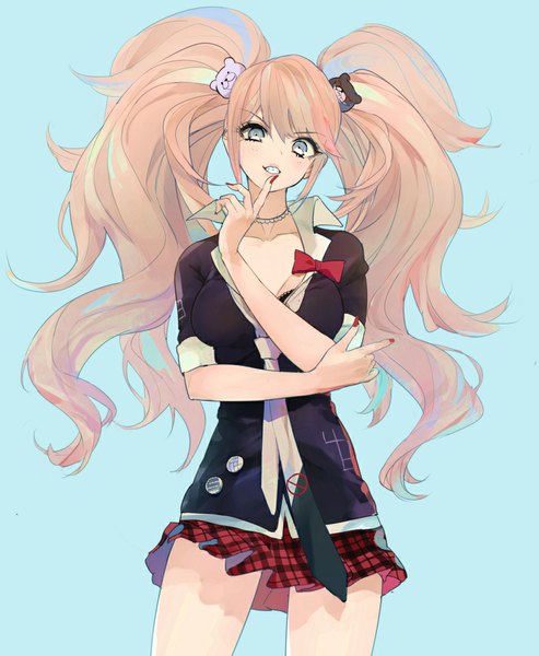 Anime picture 834x1014 with dangan ronpa enoshima junko bunkyo takemi single long hair tall image looking at viewer simple background twintails nail polish orange hair grey eyes finger to mouth plaid skirt red nail polish aqua background girl skirt uniform school uniform