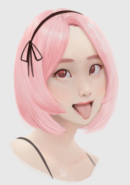 Anime picture 2480x3508 with original lika (jubi) jubi (regiana) single tall image highres short hair open mouth simple background brown eyes signed pink hair grey background lipstick symbol-shaped pupils portrait :p heart-shaped pupils girl hairband
