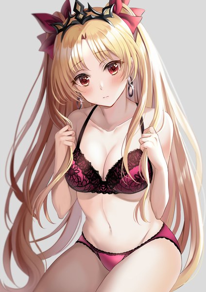 Anime picture 800x1131 with fate (series) fate/grand order ereshkigal (fate) harimoji single long hair tall image looking at viewer blush fringe breasts light erotic simple background blonde hair hair between eyes red eyes sitting bare shoulders holding cleavage