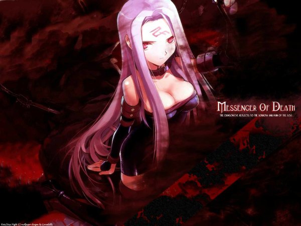 Anime picture 1280x960 with fate (series) fate/stay night studio deen type-moon rider shimada fumikane single long hair breasts light erotic cleavage very long hair inscription wallpaper kneeling facial mark face paint girl thighhighs detached sleeves