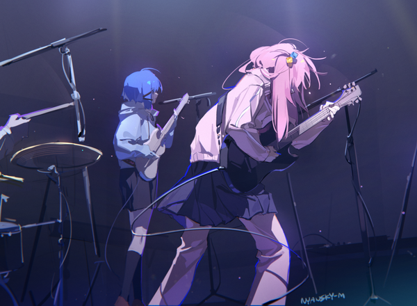 Anime picture 2780x2039 with bocchi the rock! cloverworks gotou hitori yamada ryou nyansky long hair highres short hair multiple girls signed blue hair pink hair profile one side up playing instrument band girl hair ornament 2 girls socks