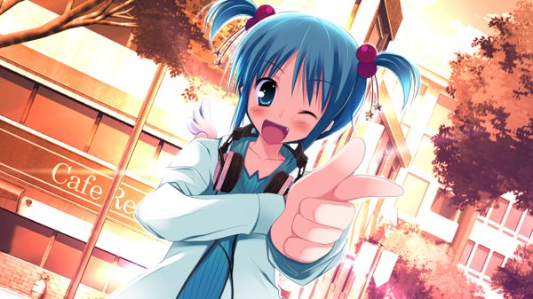 Anime picture 1280x720 with sakura no sora to kimi no koto mitsukuri minto blush short hair open mouth blue eyes wide image twintails blue hair game cg one eye closed wink teeth fang (fangs) short twintails girl headphones