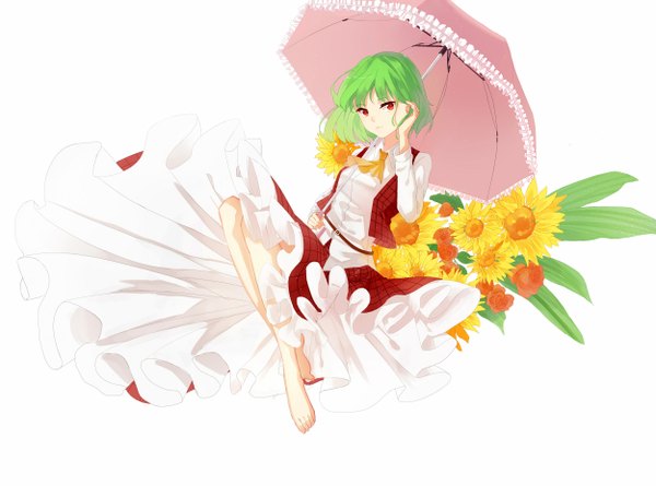 Anime picture 2500x1855 with touhou kazami yuuka narukami ginryuu single looking at viewer highres short hair red eyes white background green hair bare legs girl dress flower (flowers) umbrella