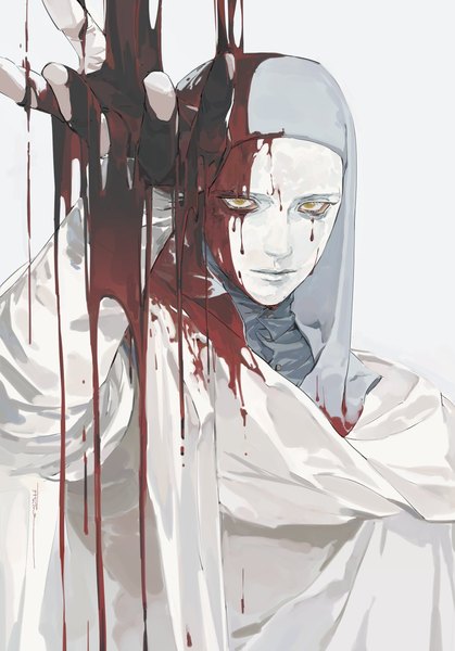 Anime picture 926x1325 with elden ring white mask varre ruint single tall image looking at viewer simple background white background yellow eyes upper body arm up blood on face bloody clothes boy blood mask habit