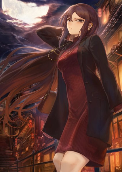 Anime picture 1302x1842 with fate (series) fate/grand order yu mei-ren (fate) mashuu (neko no oyashiro) single long hair tall image looking at viewer blush fringe hair between eyes brown hair standing brown eyes payot cloud (clouds) arm up wind night open clothes