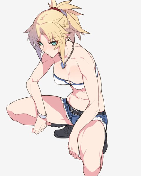 Anime picture 1024x1280 with fate (series) fate/grand order fate/apocrypha mordred (fate) ban! (bansankan) single tall image fringe short hair breasts light erotic blonde hair simple background bare shoulders cleavage full body ponytail braid (braids) aqua eyes grey background
