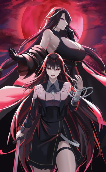 Anime-Bild 3088x5000 mit kage no jitsuryokusha ni naritakute! aurora (kage no jitsuryokusha ni naritakute!) claire kagenou user fzup3842 long hair tall image looking at viewer fringe highres breasts open mouth light erotic black hair hair between eyes red eyes large breasts standing purple eyes bare shoulders multiple girls