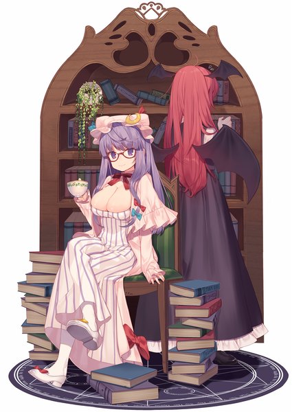 Anime picture 1237x1746 with touhou patchouli knowledge koakuma ikuchan kaoru long hair tall image looking at viewer fringe breasts light erotic smile large breasts standing sitting purple eyes multiple girls cleavage purple hair red hair long sleeves