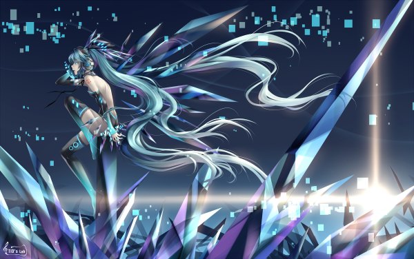 Anime picture 1200x752 with vocaloid hatsune miku tidsean single wide image twintails bare shoulders very long hair aqua eyes aqua hair back girl thighhighs black thighhighs detached sleeves headphones