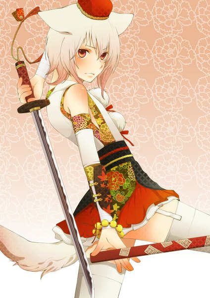 Anime picture 1654x2339 with touhou inubashiri momiji tall image blush highres animal ears yellow eyes white hair tail girl thighhighs weapon hat detached sleeves miniskirt sword katana