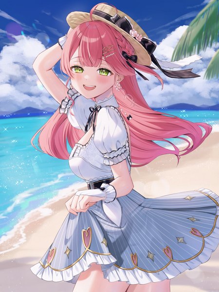 Anime picture 3000x4000 with virtual youtuber hololive sakura miko sakura miko (street) runlan 0329 single long hair tall image looking at viewer blush highres open mouth green eyes pink hair sky cloud (clouds) ahoge outdoors :d wind