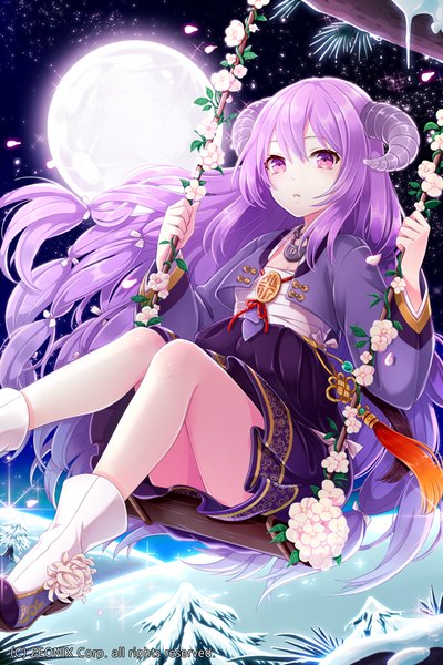 Anime picture 750x1125 with sword girls amrita millgua single long hair tall image looking at viewer sitting purple eyes purple hair bent knee (knees) night night sky winter girl plant (plants) tree (trees) choker boots moon
