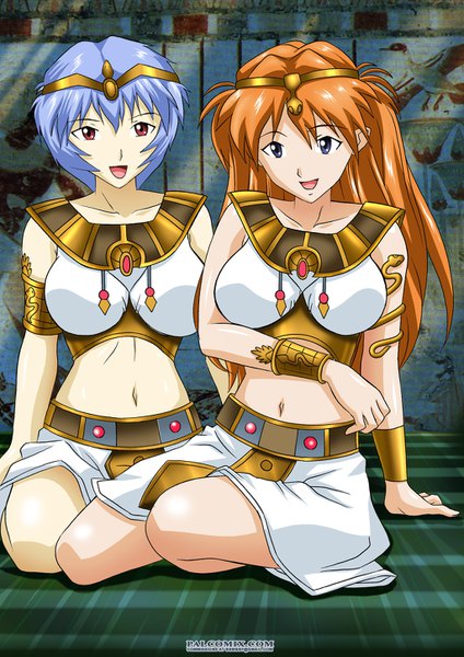 Anime picture 1024x1448 with neon genesis evangelion gainax soryu asuka langley ayanami rei palcomix long hair tall image looking at viewer short hair breasts open mouth blue eyes light erotic smile red eyes large breasts sitting multiple girls signed blue hair