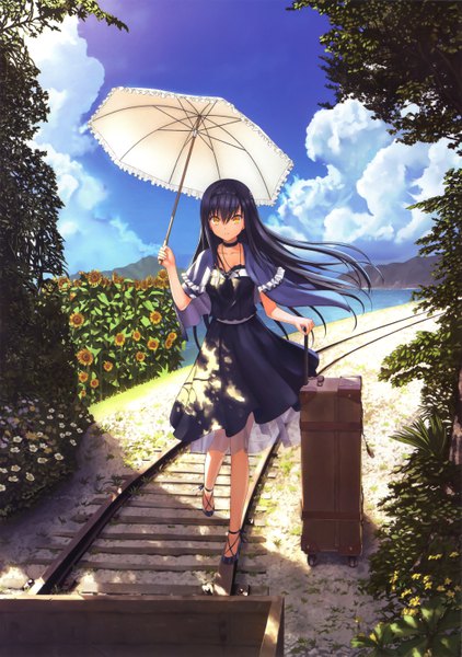 Anime picture 4078x5803 with summer pockets key (studio) kushima kamome na-ga single long hair tall image looking at viewer fringe highres black hair smile hair between eyes standing holding yellow eyes absurdres sky cloud (clouds) outdoors